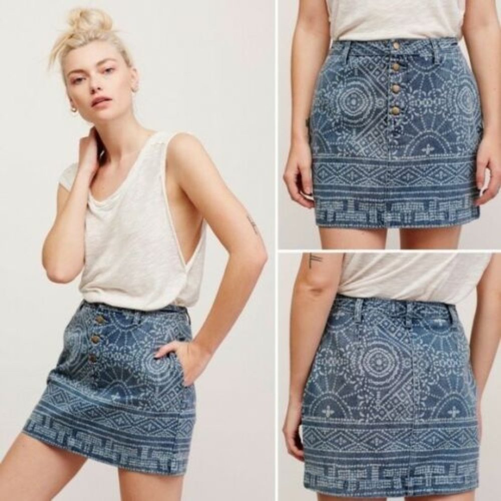 Free People School Daze Printed Denim Skirt Tribal‎ Mini Exposed Buttons Sz 0